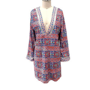 La Blanca Women's Size XL Multi color Pattern Swim Cover Up Tunic Dress Deep V